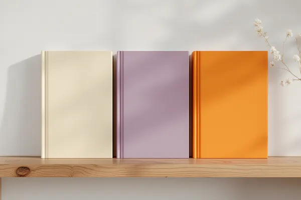 Plain paperback books arranged on a wooden shelf