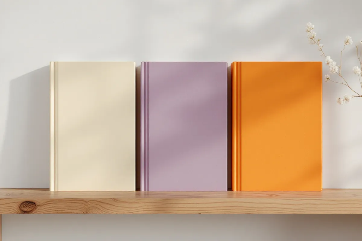 Plain paperback books arranged on a wooden shelf