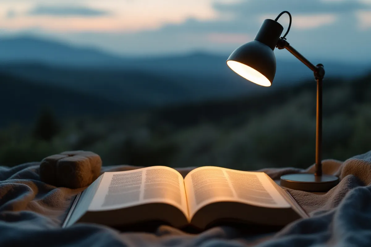 A lamp illuminating a book at dusk
