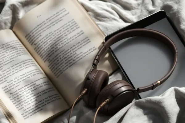 Headphones beside a book and a tablet