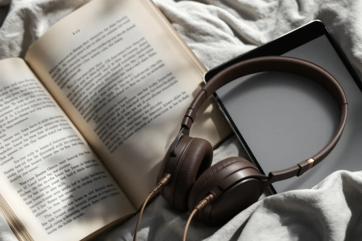 Headphones beside a book and a tablet
