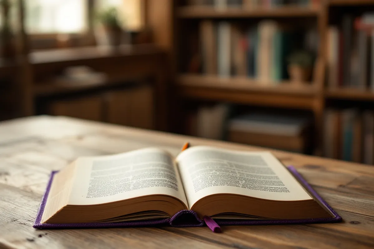 An open book and a purple bookmark on a quiet library table