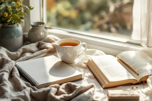 A notebook and an open book beside a kitchen window