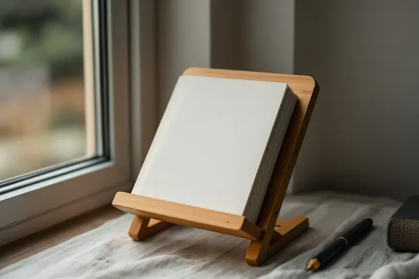 An open paperback supported by a wooden book rest