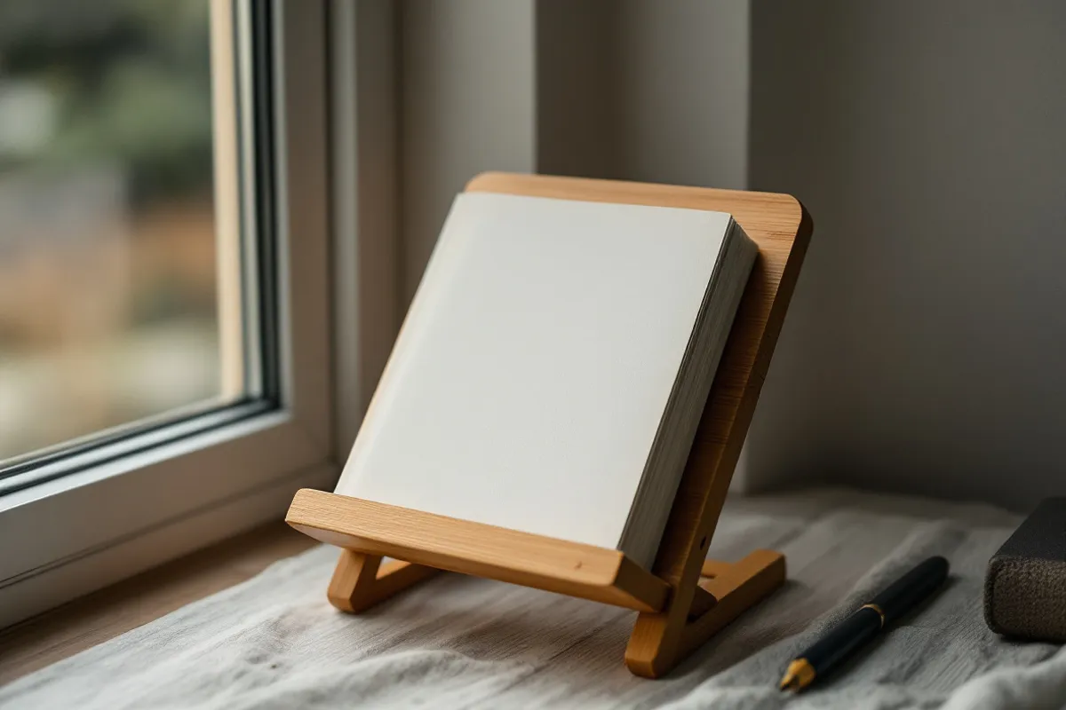 An open paperback supported by a wooden book rest