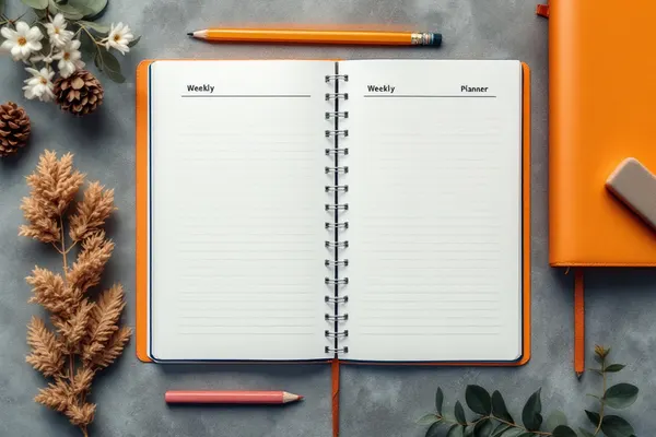 A paper planner, pencil and folder