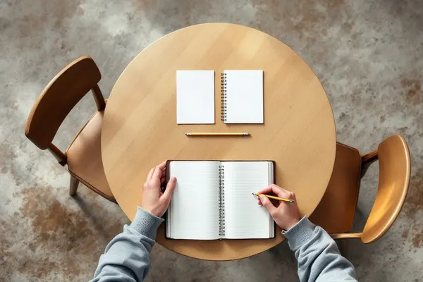 An empty library table prepared with cards and notebooks